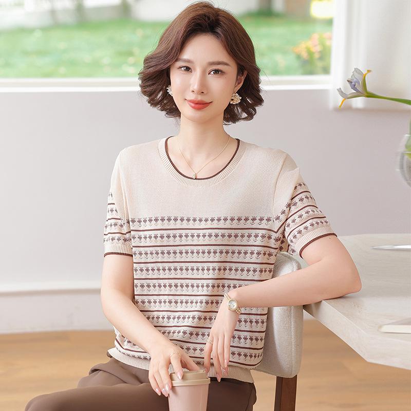 

Mom s 2026 Summer Short-Sleeve Striped Knit Top, Ice Silk T-Shirt for Middle-Aged and Elderly Women 5XL (recommended for 75-82.5 kg)