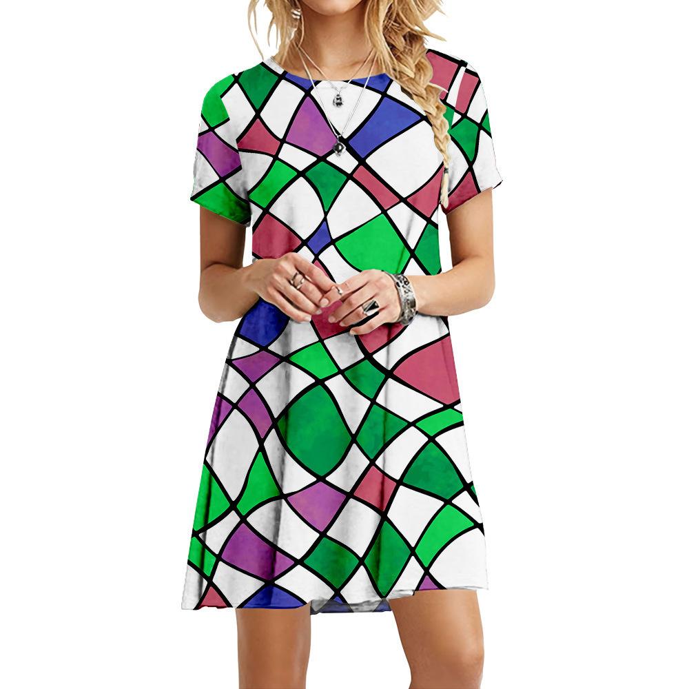 

S-6XL Плюс Размер Моды Женщин 3D Геометрический Принт Платье Повседневный Круглый Вырез Короткий Рукав Платье Летнее Свободное Мини Короткое Платье 6XL