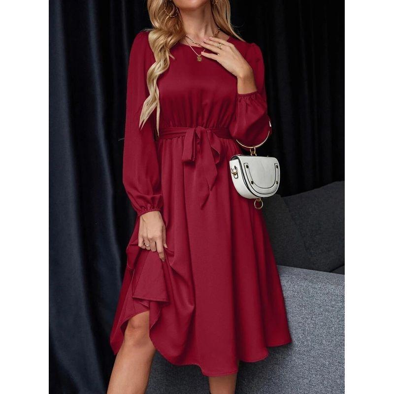 

2025 Lantern Sleeve Back Lace up Satin Dress Skin color M