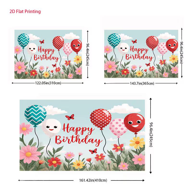 2D Kids Birthday Backdrop with Smiling Balloons, Flowers and Butterflies