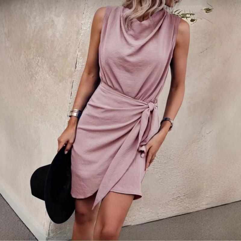 Waist Lace Sleeveless Irregular Dress Socialite Style M розовый