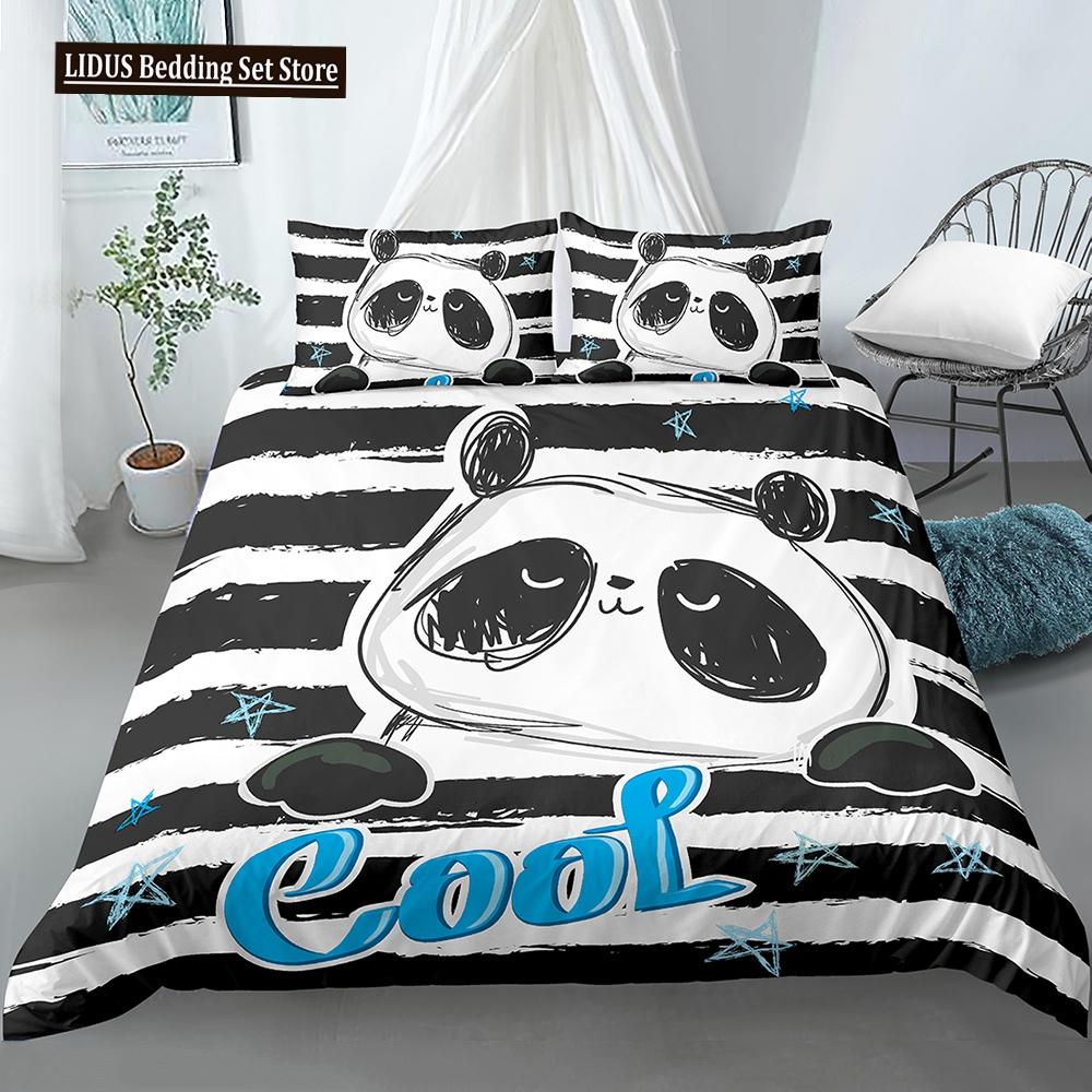 Panda Polyester Duvet Cover Set White Black Cartoon Animals Heart Flowers Printed King Queen Twin Size For Kids Boys Girl Teen