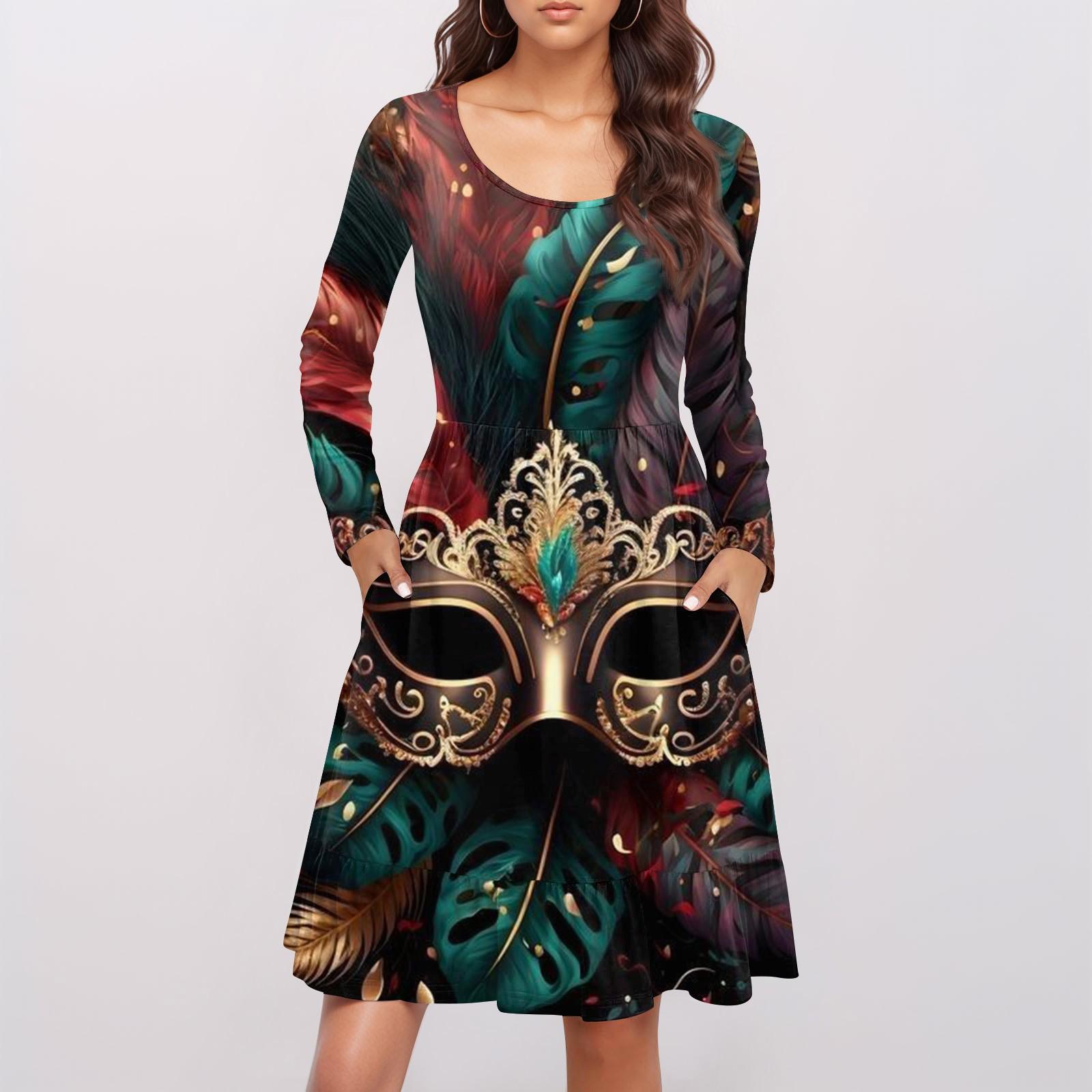 Women s  Casual Round Neck Long Sleeved Dress Carnival Print Loose Waist Pleated Dress XXL