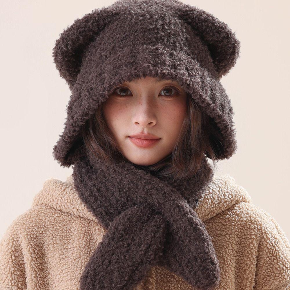 Cap Cute Beanies Velvet Hat Scarf Integrated Cartoon Plush Bear Ear Hat Winter