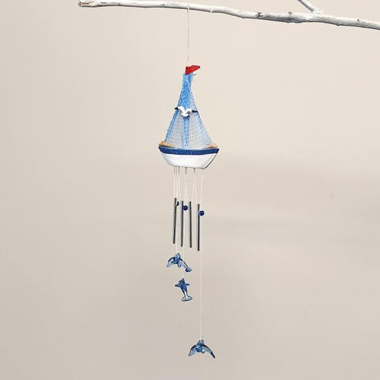 Blaues Segelboot Hängende Windspiel für Draußen Handgefertigtes Nautisches Windspiel für Außen Veranda Terrasse Garten Fenster Dekor