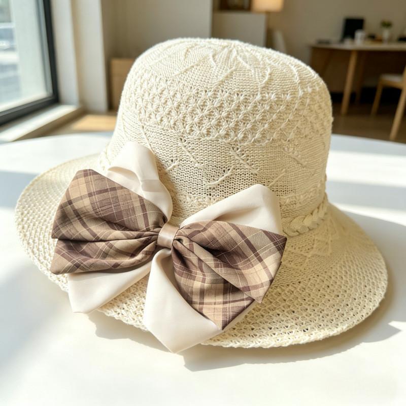 Summer Straw Hat With Large Brim And Bow Embroidery For Womens Sun Protection