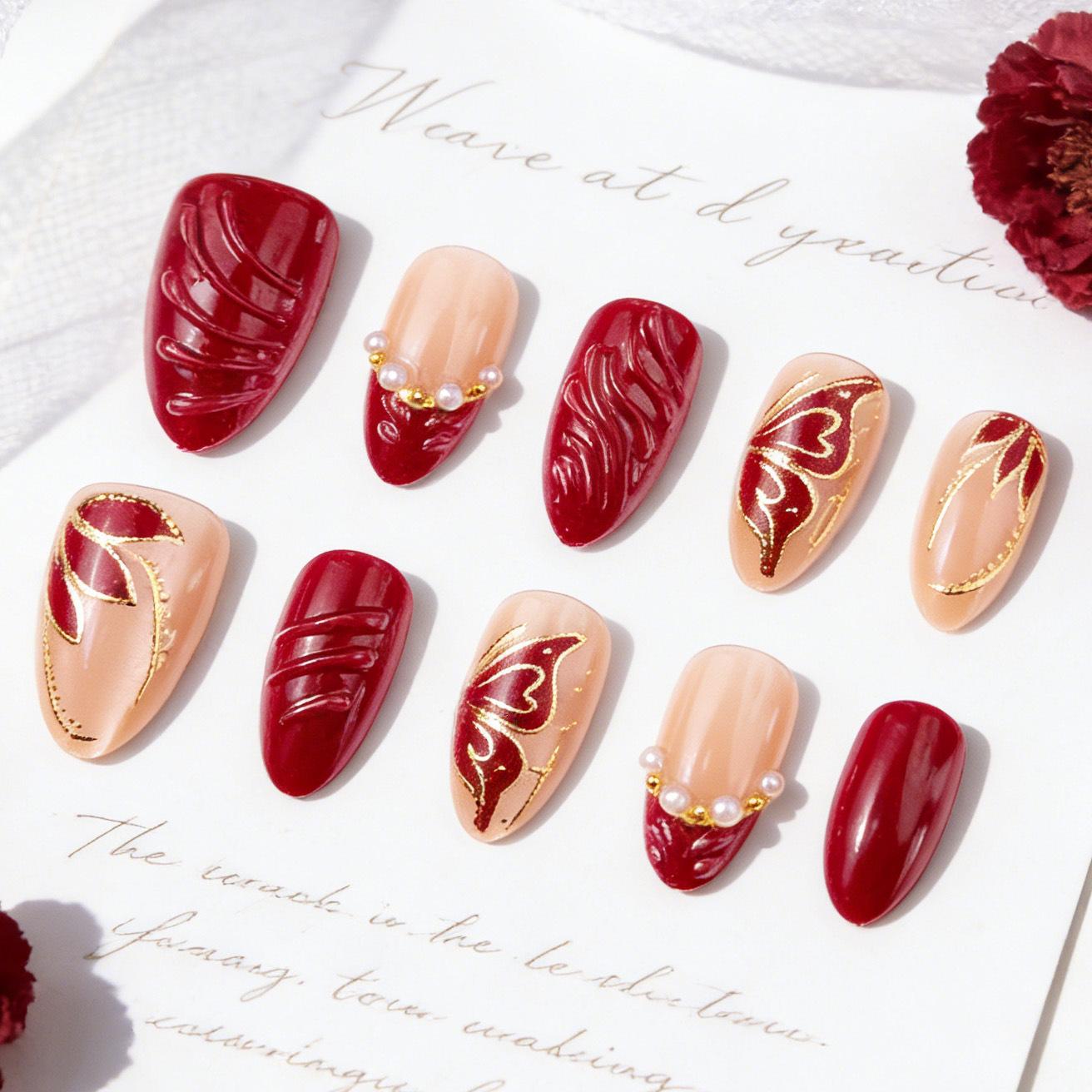 Almond Gold Plated 3D Cat Eye Nails with Pearls - 30pcs Set Full Set with Rhinestones