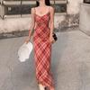 Temperament, Fashion Temperament, Plaid Suspender Skirt, Women's Seaside Vacation Style, Red Waist Dress, Hip Skirt, Tide Ins