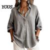 Casual Long Sleeve Tops Women Button Front Shirt, Turndown Collar Blouse, Relaxed Fit Solid Color Drop Shoulder Fall Top for Daily Wear