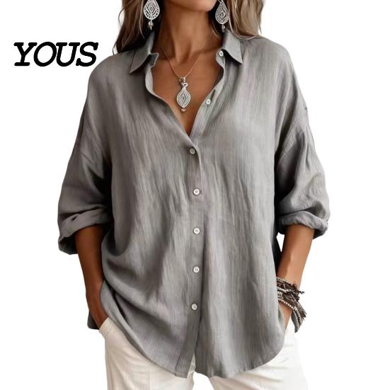 Casual Long Sleeve Tops Women Button Front Shirt, Turndown Collar Blouse, Relaxed Fit Solid Color Drop Shoulder Fall Top for Daily Wear