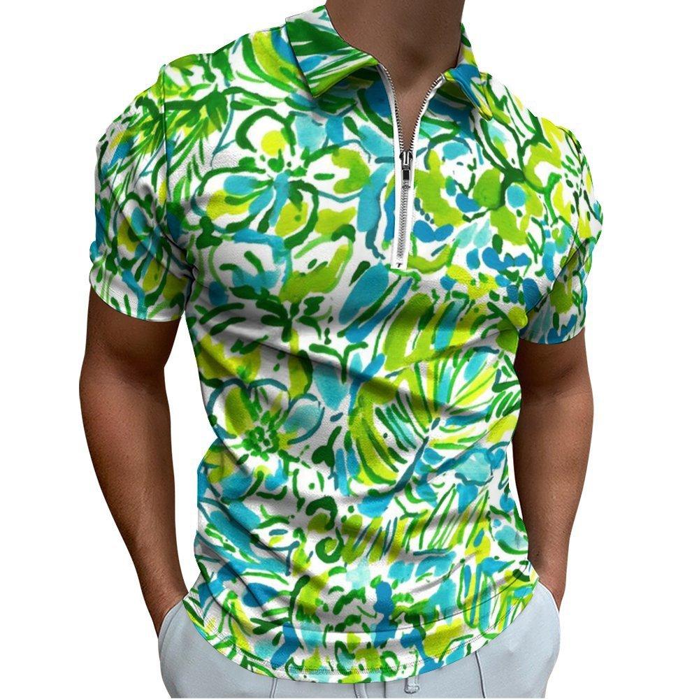 Abstract Pattern Short Sleeve Zip Polo, Stylish Casual Top for Daily Wear