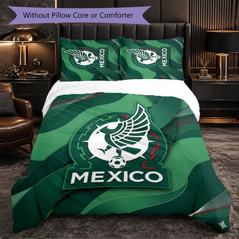 Mexico Footbal Pattern 3 Pieces Bedding Set Soft Microfiber Duvet Cover with Pillow Cases for Bedroom