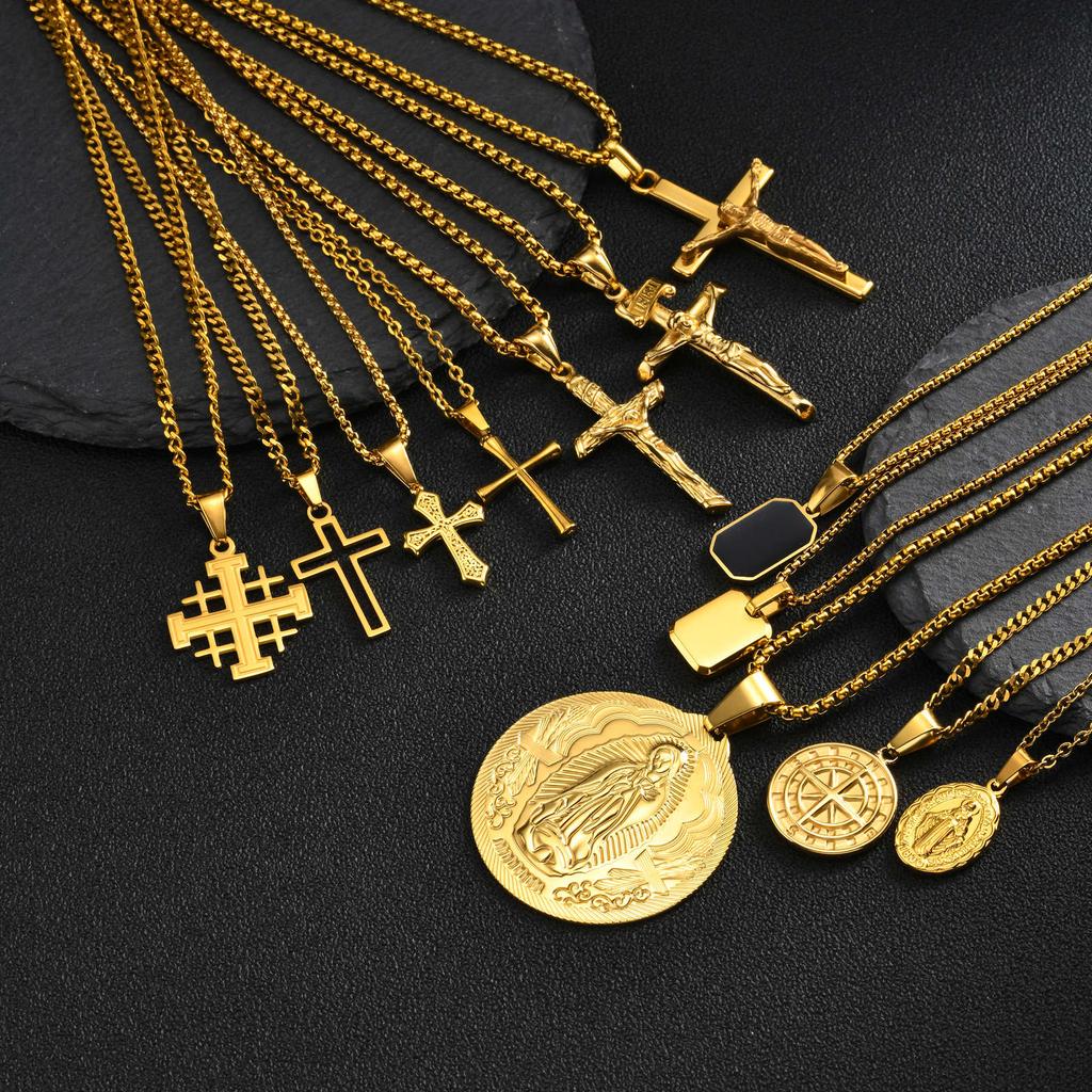 Men's Stylish Gold Color Necklace, Stainless Steel Geometric Cross Pendant Necklace, Vintage Fashion Jewelry Gift To Father