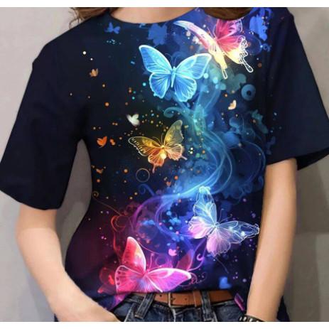 Summer butterfly pattern T-shirt trendy and fashionable women's 3D printed round neck short sleeved shirt