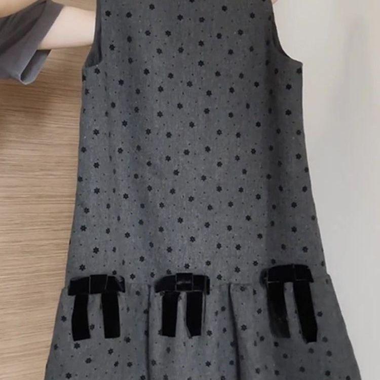 Gray Polka Dot Vest Dress - Women's Autumn/Winter Miu Style, Sleeveless with Bow and Layered Design