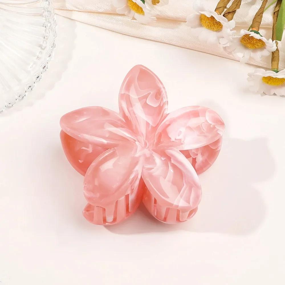 8cm Marble Pattern Frangipani Flower Hair Claw for Women Handmade Dyeing Design Acrylic Large Shark Clips Vacation Accessories
