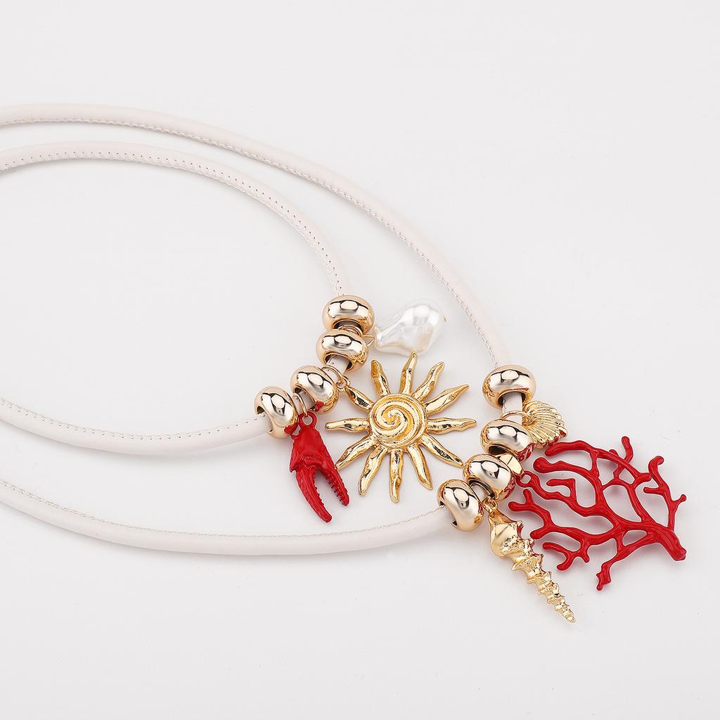 Unique Creative European American Exaggerated Blood Coral Branch Sun Pendant Bohemian Leather Rope Necklace Women Trendy Jewelry