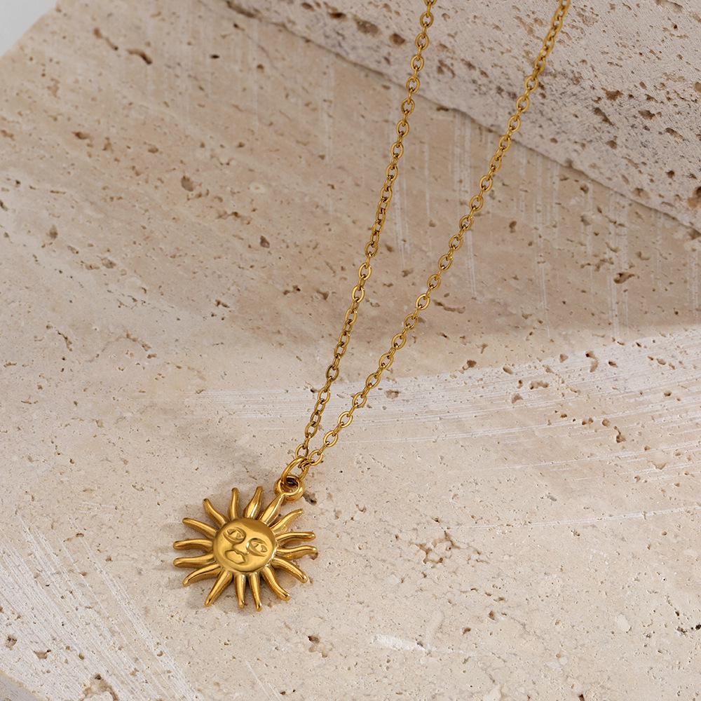 Retro Fashion 18K Gold Plated Sun Necklace & Earrings | Light Luxury Stainless Steel Jewelry