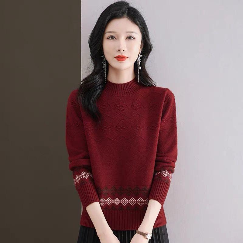 Women's Semi High Neck Retro Sweater Autumn and Winter Jacquard Color Blocked Knitted Sweater Top for Women