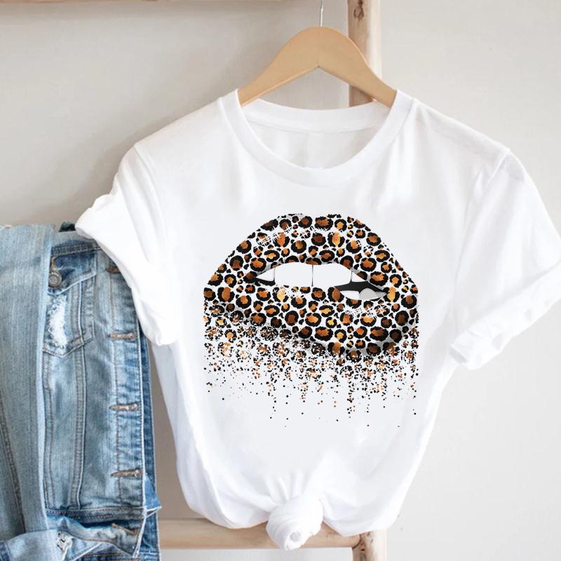 Women Tee Top Summer Fashion Print T-shirt O-neck Leopard Trend Lip Lady Female Clothing Casual Short Sleeve Graphic T-shirt