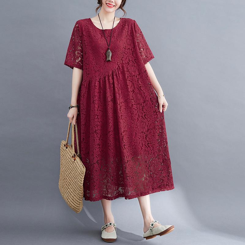 

Летнее повседневное корейское кружевное платье большого размера 2021 – женское свободное с коротким рукавом и круглым вырезом M вино красного