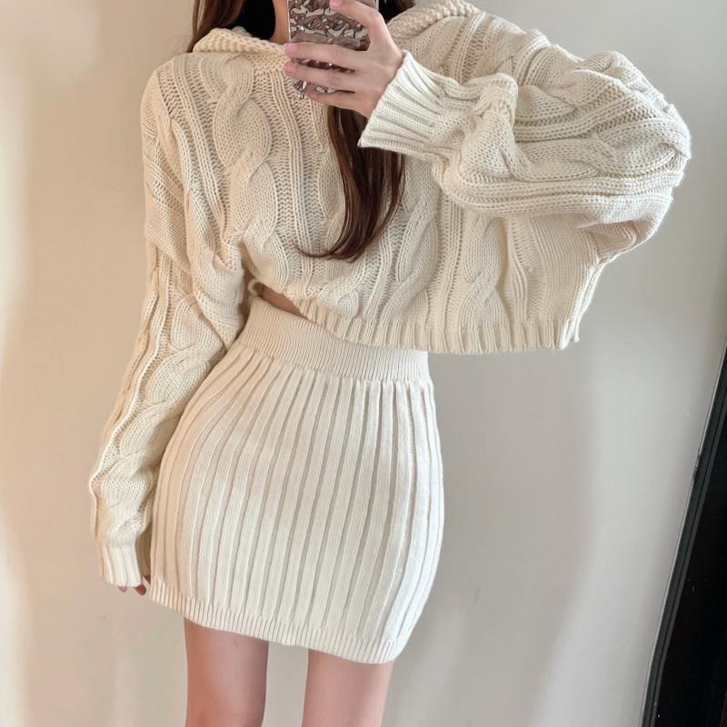Elegant Autumn/Winter Hooded Loose Pullover Women Sweater New Retro Women High Waist Hip Short Skirts 2-piece Set Set Knitted Twist Outfits Clothing