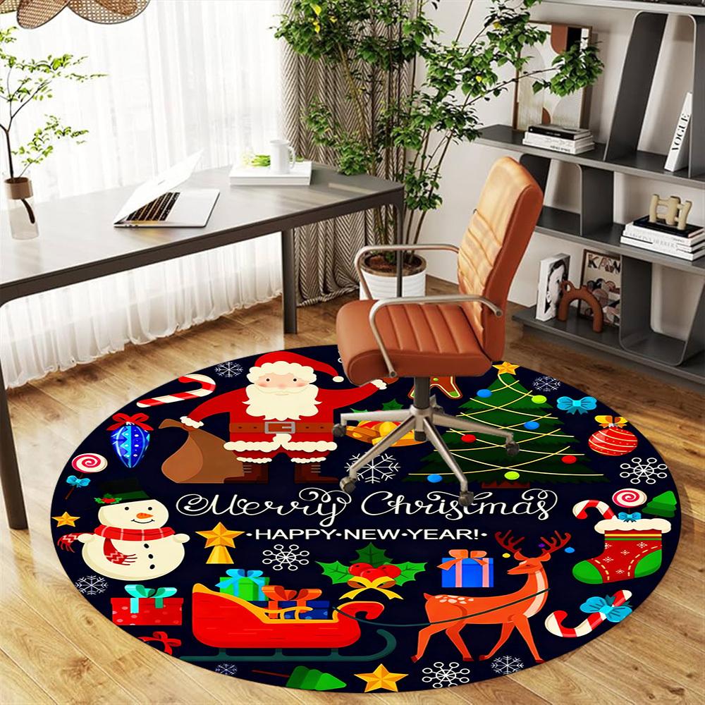 1pc Christmas Happy New Year Round Chair Mat Area Rug - Non-Slip, Floor Mat for Office, Bedroom, and Indoor Decor -1002011