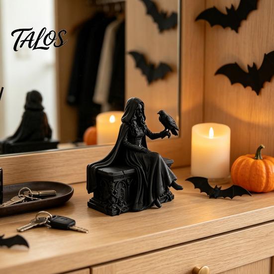 Gothic Crow Queen Figurine 3D Printed Figurine, Cloaked Robe Statue with Detailed Ornate Collectible Crow, Spooky Desktop Ornament for Home