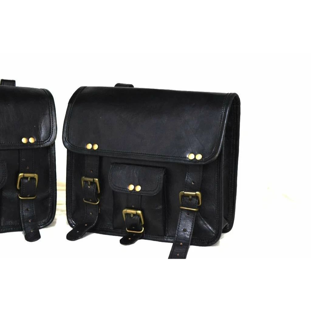Left & Right Saddlebags Motorcycle Pouch Black Leather Two Panniers Saddle Bags