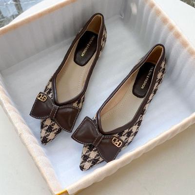 Chaussures plates à bout pointu pour femmes, automne, motif pied-de-poule, petit style frais, ouverture peu profonde, semelle souple, chaussures à tempérament de célébrité