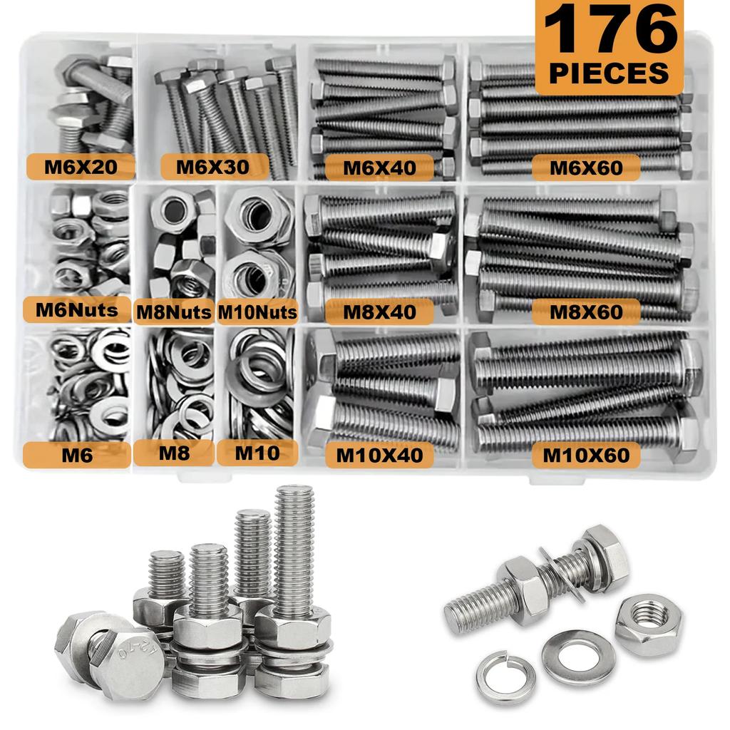 48-620 Pcs Heavy Duty Screws and Nuts Kit, 304 Stainless Steel Bolts, Including 8 Most Common Size Screw Sets, M6, M8, M10.