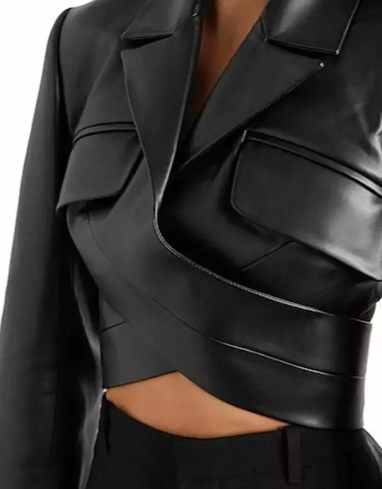 Stylish Women Genuine Soft Leather Cropped Wrap Jacket Handmade New Fashionable
