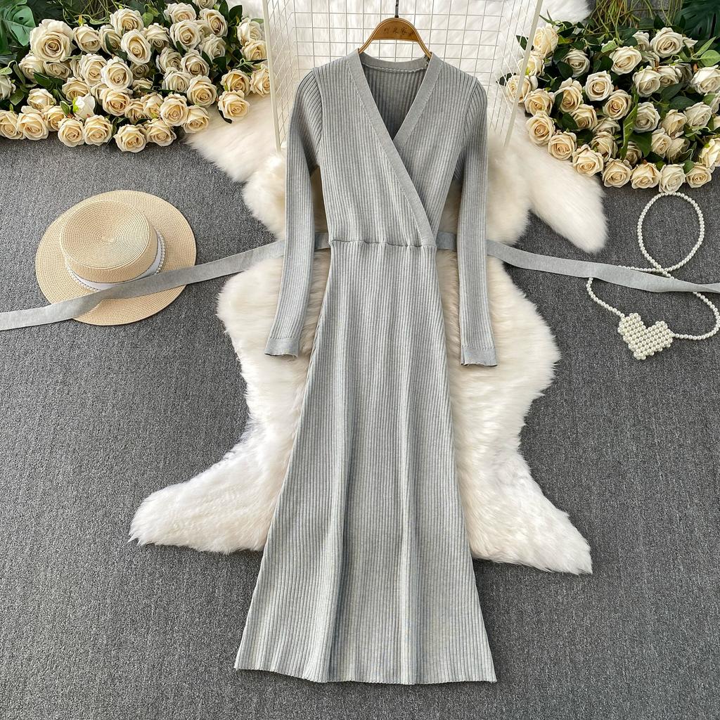 Podzim Zima Dámské Elegantní Svetr s V-výstřihem a Dlouhým Rukávem Pletený Pulovr Dlouhé Midi Šněrovací Županové Šaty