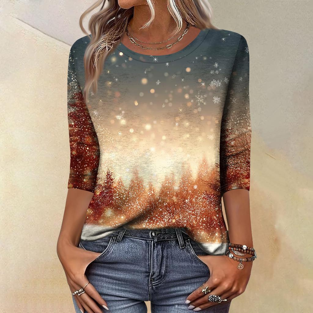 Women's Fashion Casual Christmas Tree Printed Round Neck Three-Quarter Sleeve T-Shirt Top