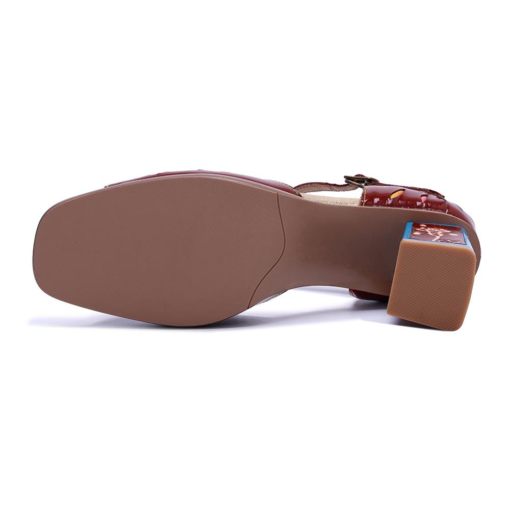 Johnature Genuine Leather Handmade Hollow Flower High Heel Sandals Retro Square Heel Women's Shoes