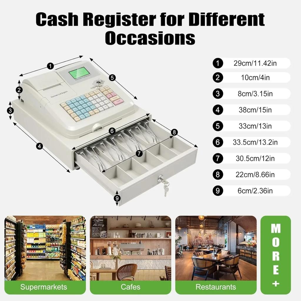 Cash Register 48-Key LED Display Electronic Cashier Cash Management POS System High-Speed Thermal Printing Digital Cash Register