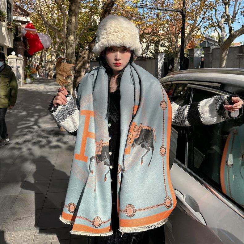 

Scarf Women s autumn and winter carriage imitation cashmere double-sided air conditioner shawl thickened warm scarf with tide outside 180x65cm озеро синий