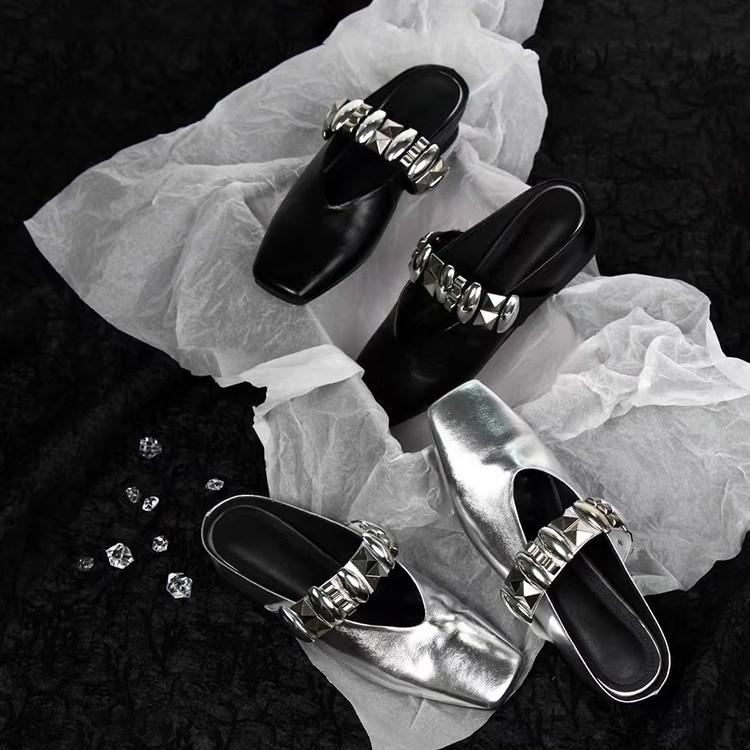 French temperament bag head shoes, women's one-pedal metal buckle square head half slippers, genuine leather inner height-increasing sandals