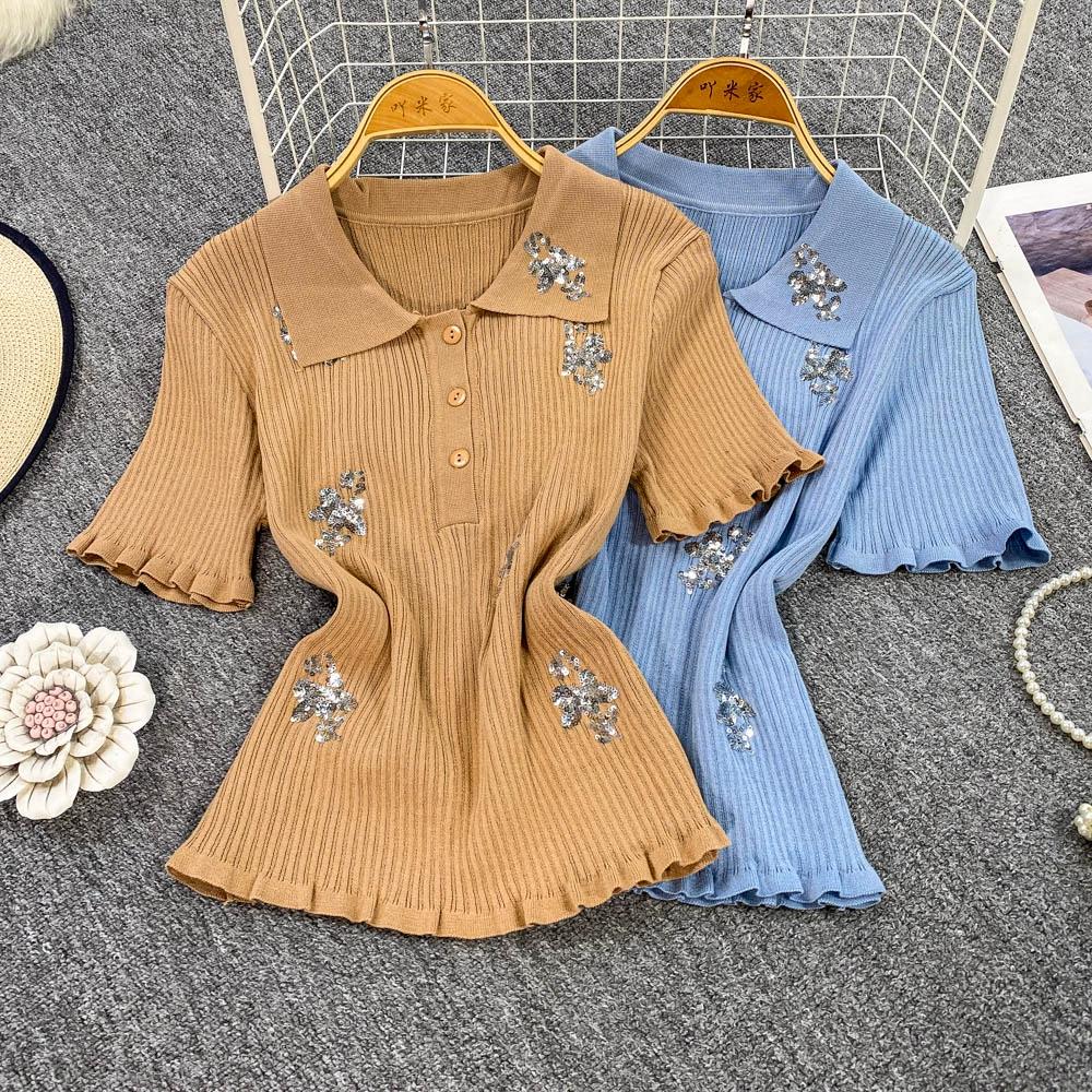 Summer Women Polo Collar Short Sleeve Sequined Flower Knitted Sweater Pullover Tops For Student Girls