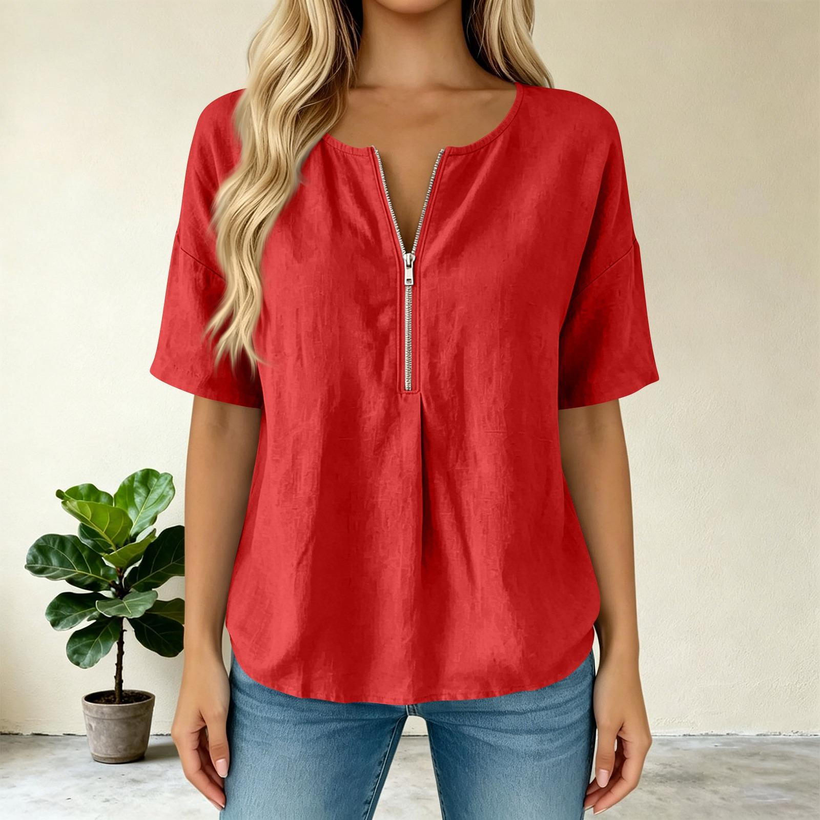 

Women s Casual Solid Color Pullover Top Short Sleeve Loose Fit Round Neck with Front Zipper Lightweight Blouse for Everyday Wear XL красный