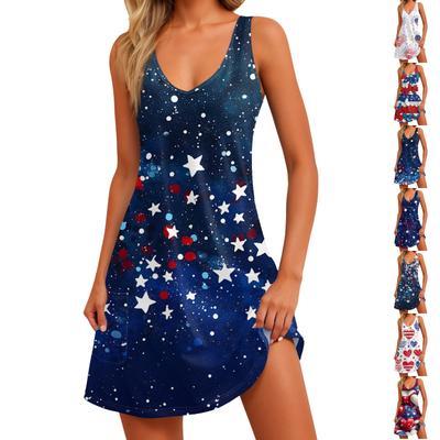 Women's Casual Fashion V Neck Sleeveless Printed Side Pocket Short Skirt Dress