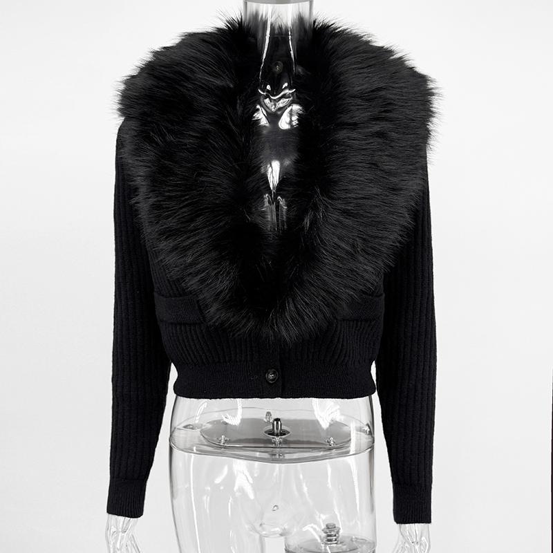 Dámský Černý Svetr s Kožešinovým Límcem Módní Elegantní Pletené Kabáty s Dlouhým Rukávem Štíhlé Svetry Vintage Streetwear Svetr Cardigan