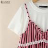 ZANZEA Women Casual Round Neck Stripe Patchwork Summer Short Sleeve T-Shirts