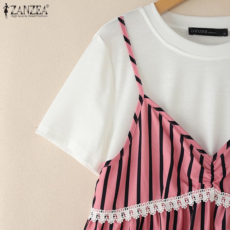 ZANZEA Women Casual Round Neck Stripe Patchwork Summer Short Sleeve T-Shirts