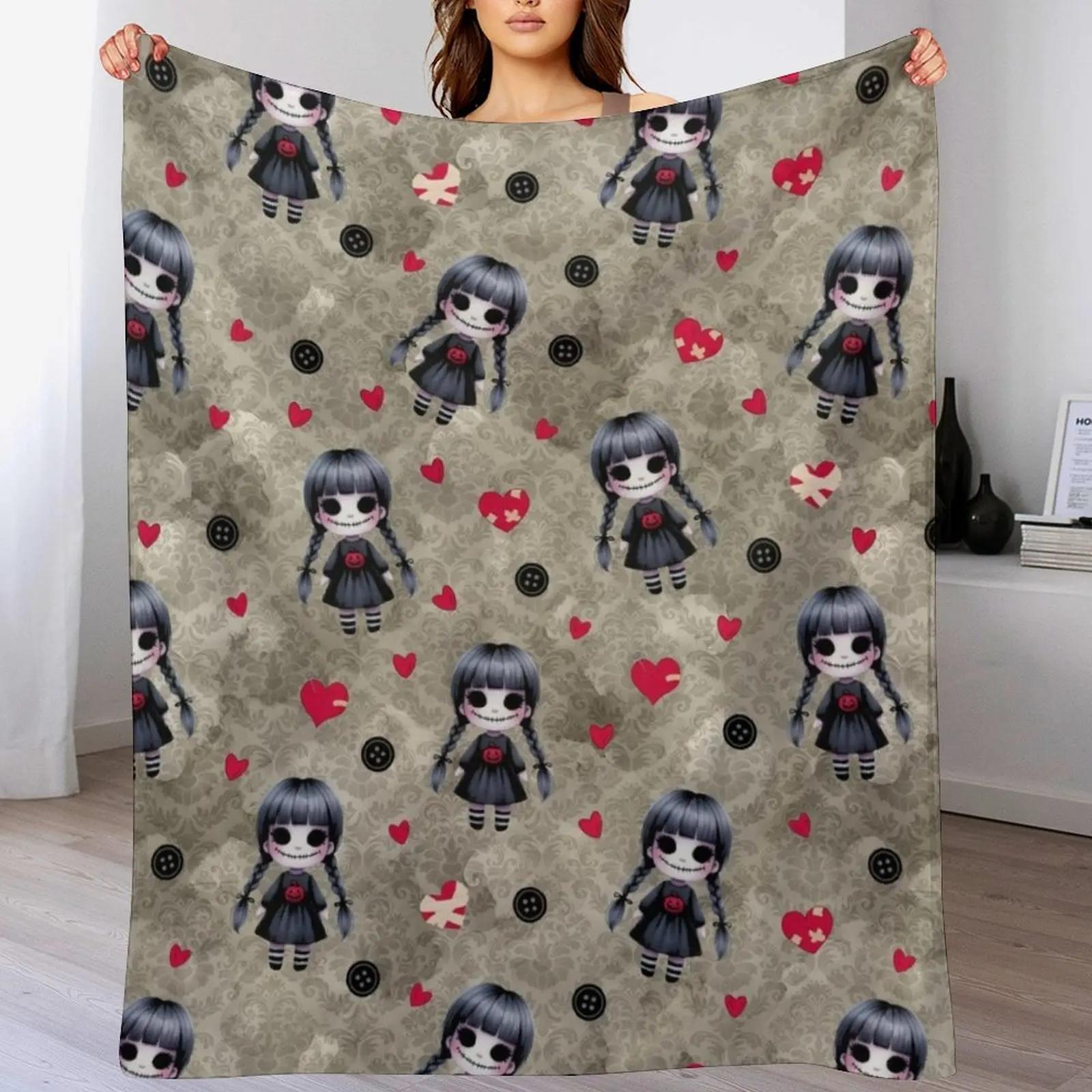Spooky Voodoo Doll Pattern Throw Blanket Travel Size Cozy Blanket for Plane Train 102x76cm(40x30in)