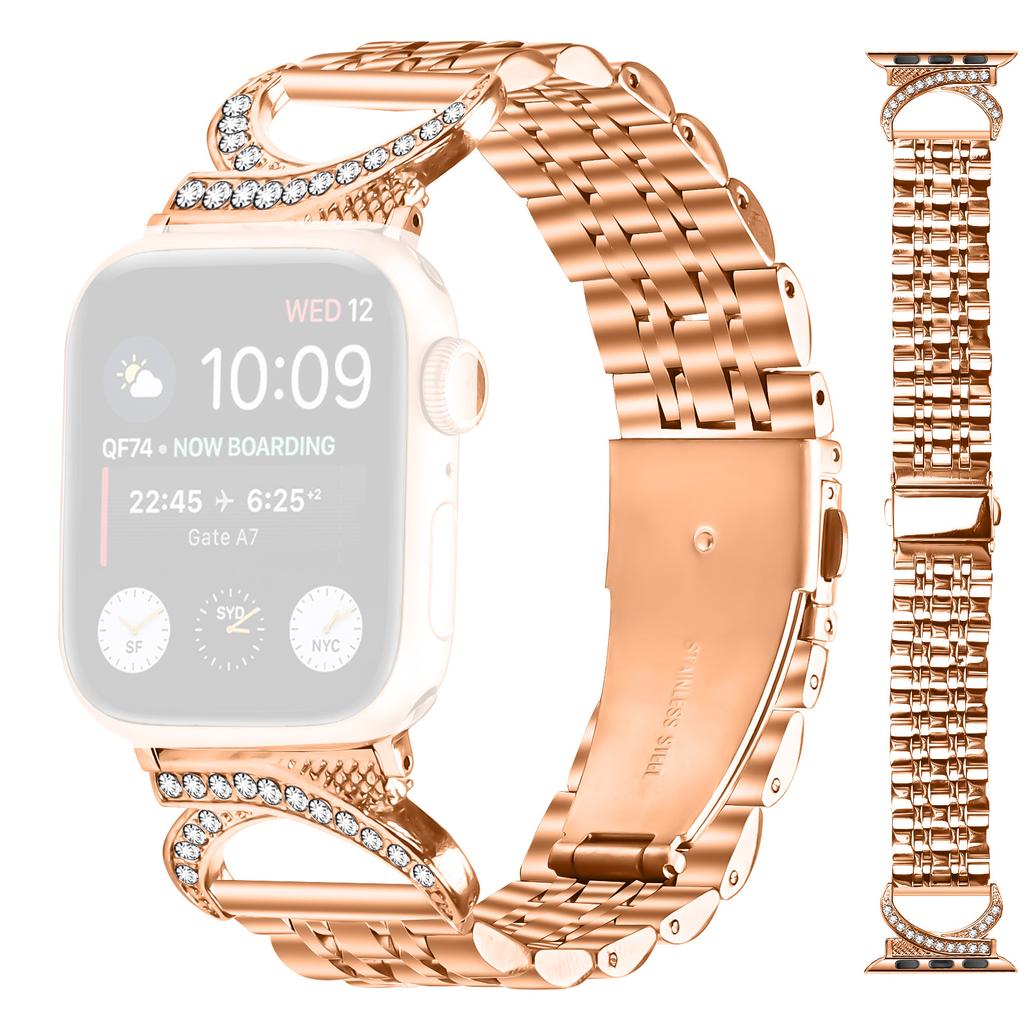 Watch Strap for Apple Watch Series 11 10 42mm/9 8 7 41mm/SE3 SE2 SE 6 5 4 40mm/3 2 1 38mm Stainless Steel Band with Rhinestone Ox Horn Style Connector