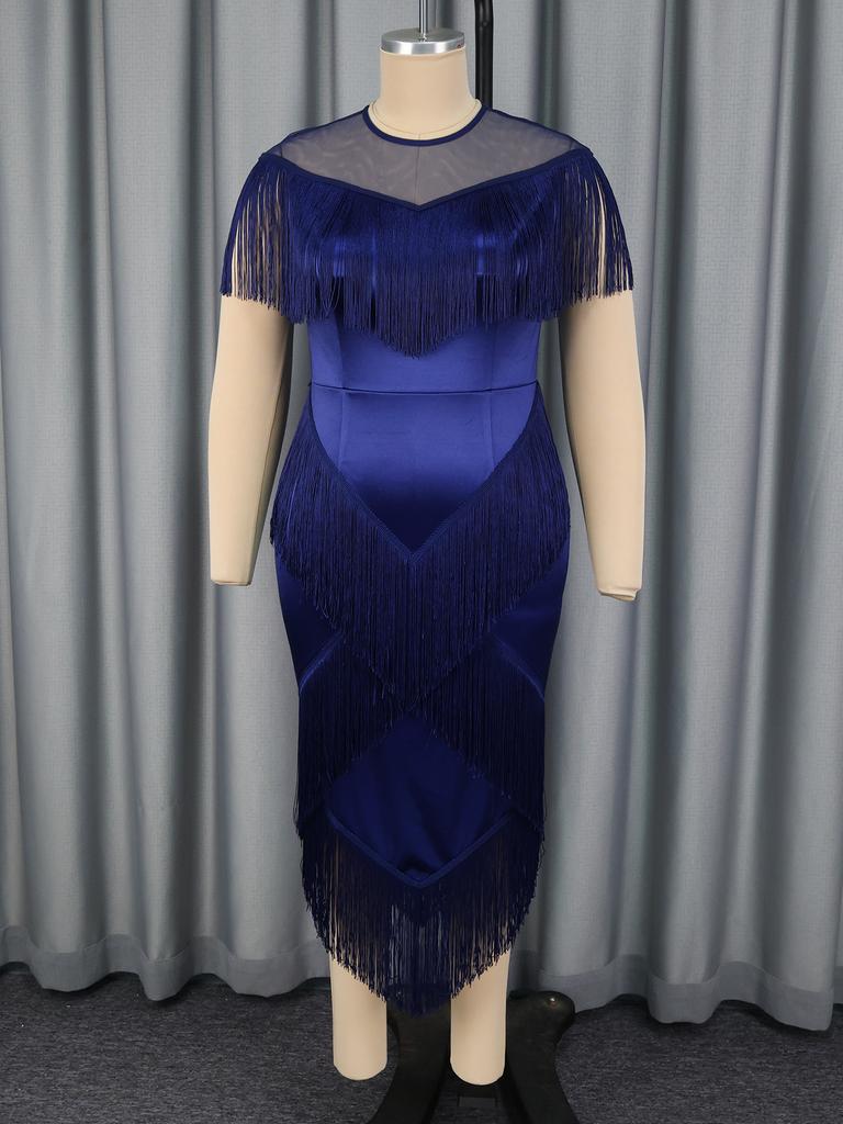 AOMEI Women Plus Size Fringe Midi Dress Elegant Bodycon Tassel Pencil Evening Party Club Dresses