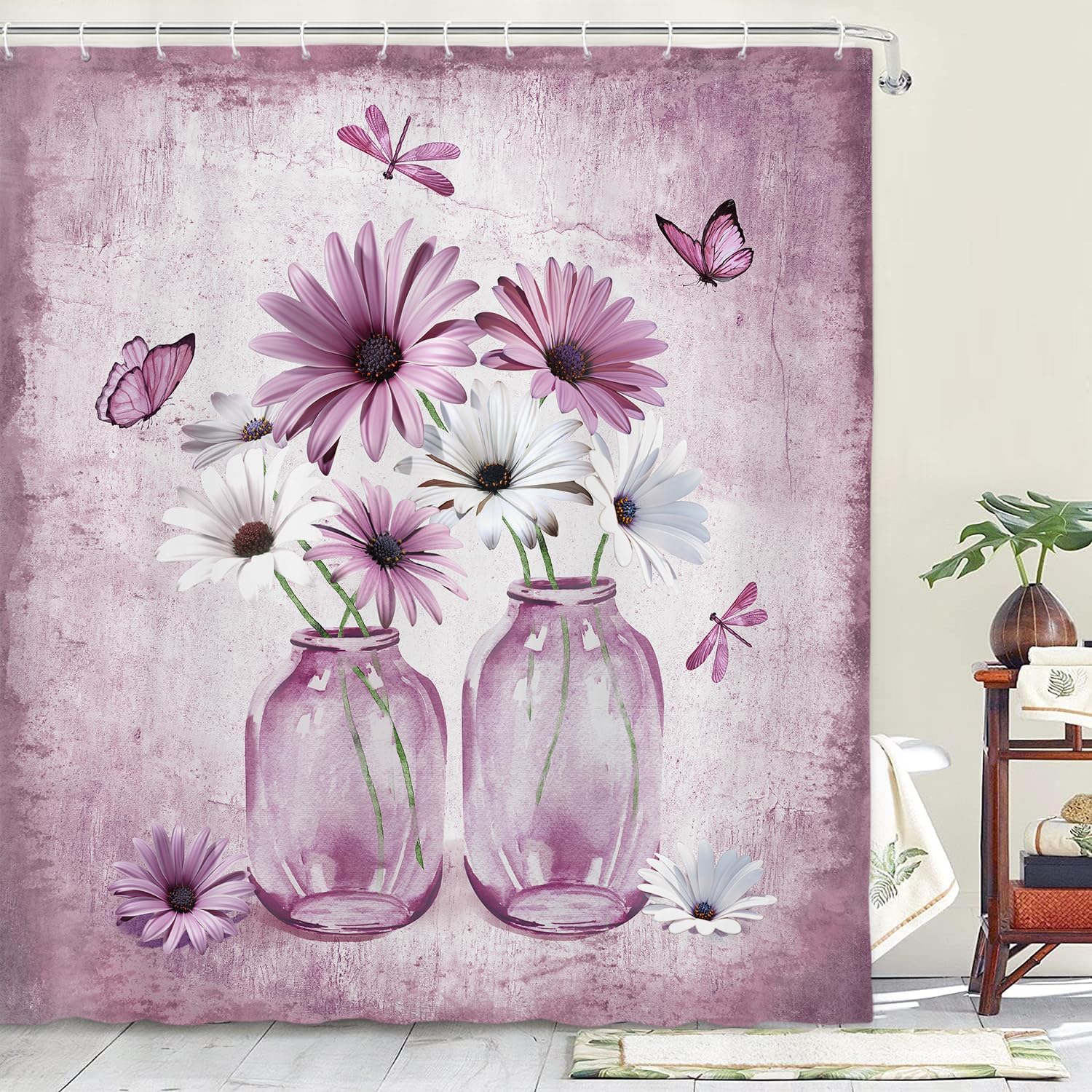 Rustic Farmhouse Blue Floral Shower Curtain, Farm Daisy Flowers and Butterfly Shower Curtain for Bathroom,   Boho Shower Curtain 90x180CM