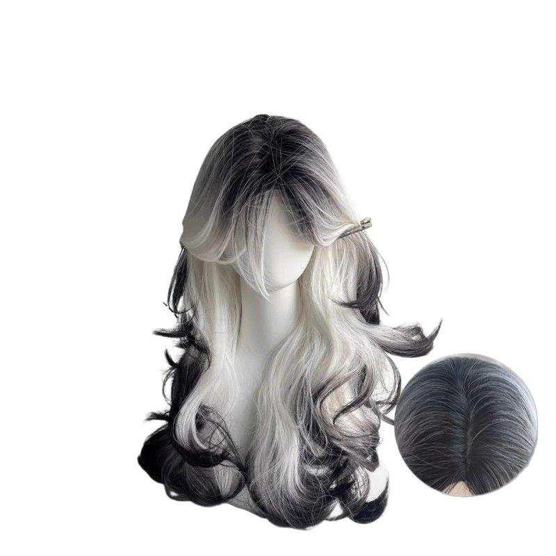 Ink In the Clouds: Black & White Gradient Long Curly Wig with Middle Part