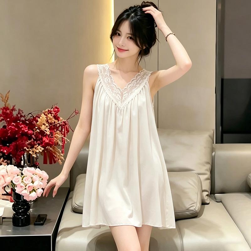 French court style suspender nightdress women's summer large size loose pajamas with chest pad pure desire wind sexy lace skirt